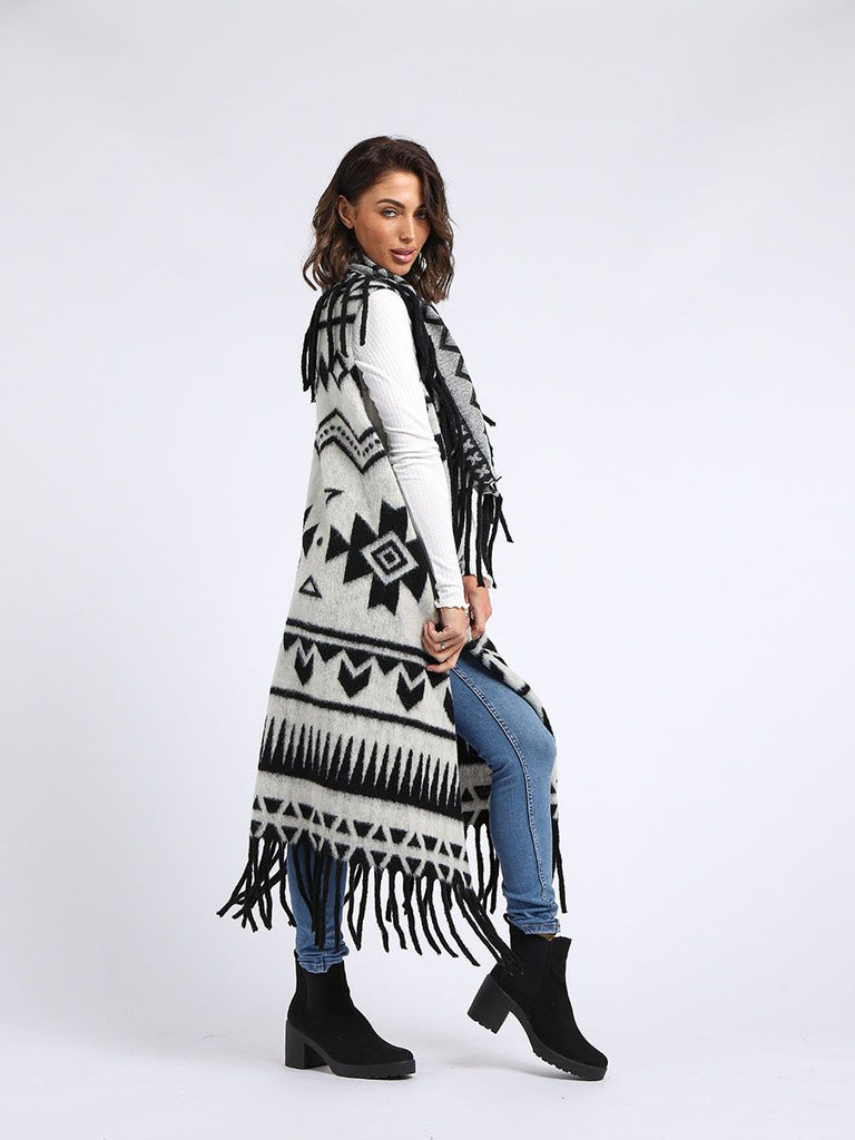 WHITE TRIBAL PRINT WOOL OPEN FRONT CARDIGAN