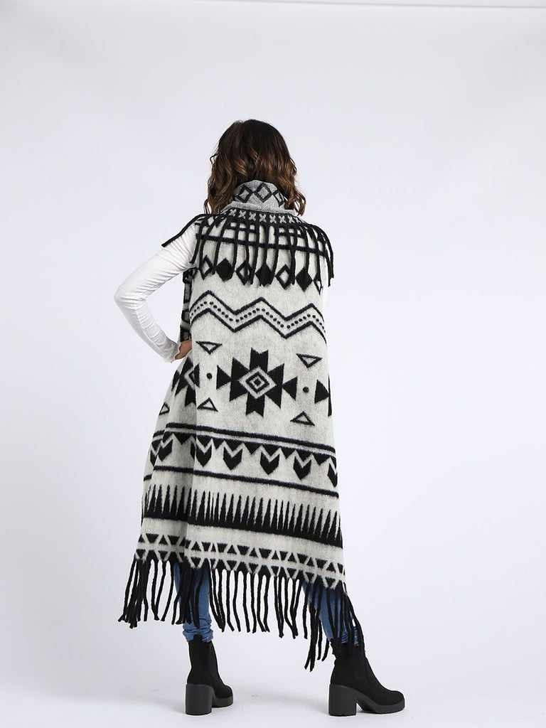 WHITE TRIBAL PRINT WOOL OPEN FRONT CARDIGAN
