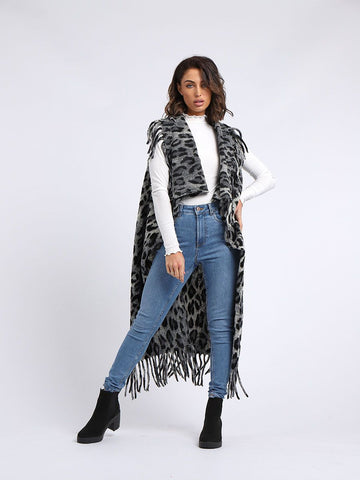 CHARCOAL LEOPARD PRINT WOOL OPEN FRONT CARDIGAN