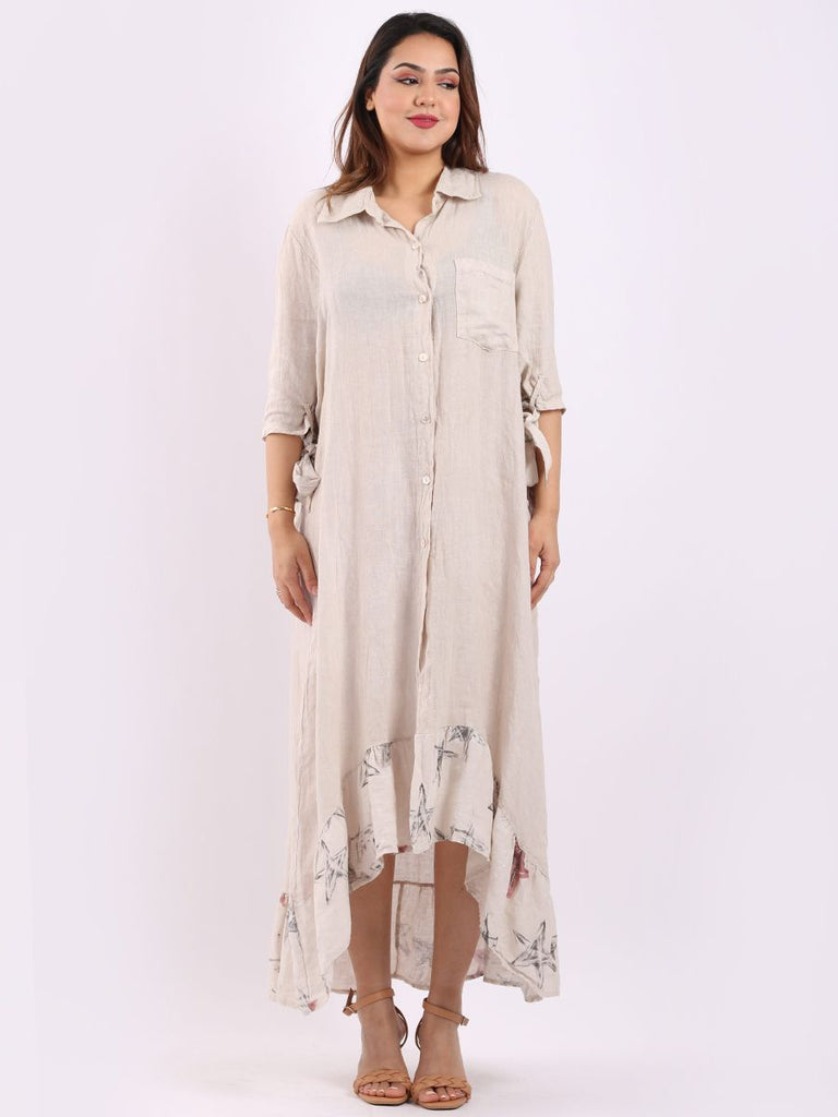 BEIGE STAR PRINT HEM PANEL LAGENLOOK SHIRT DRESS